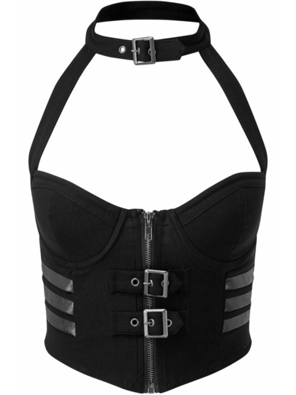 Killstar Night Patrol Black Halter Corset Zip Buckle Accents Goth Metal Medium